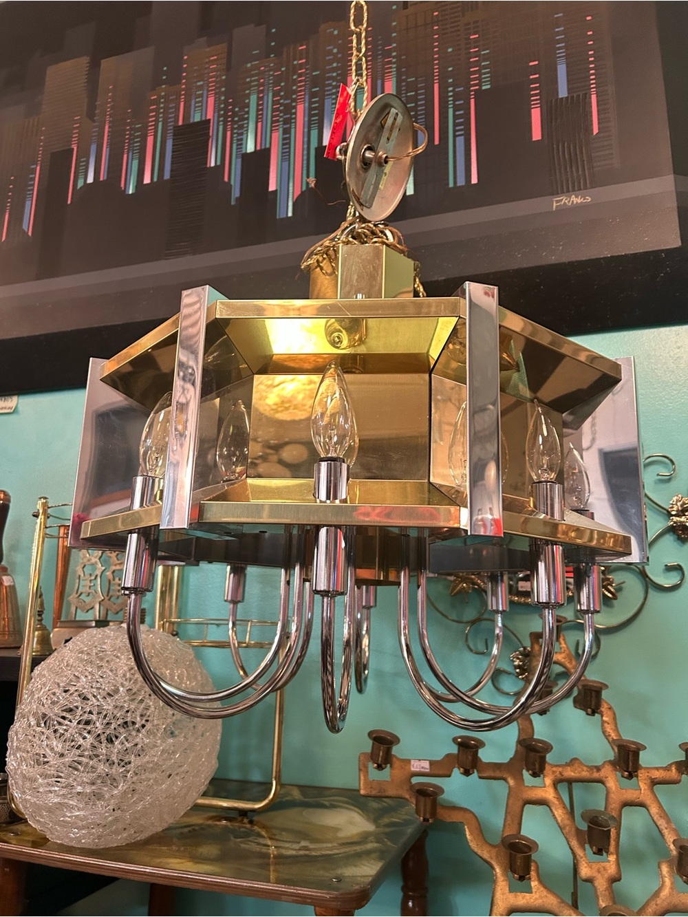 vintage Fredrick Ramond mid-century Hollywood Regency chandelier brass chrome